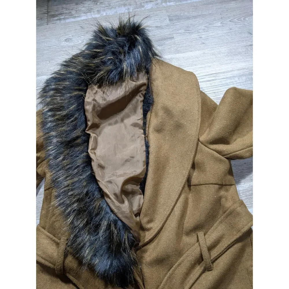 Wool Blend Penny lane Faux Fur Collar Belted Wrap Coat W/ S Brown LN/NWOT - Picture 11 of 14